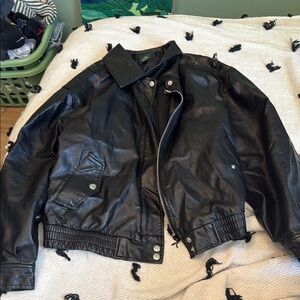 Black Leather Bomber Jacket with Zipper Closure